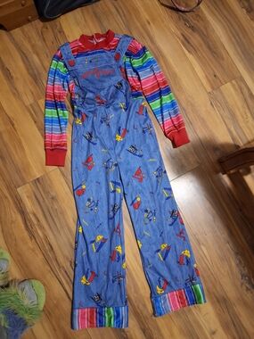 Kids Chucky Blue Striped Overalls Halloween Costume with Red Stripe Shirt Sz XsM